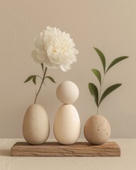 An aesthetically pleasing setup of egg-shaped stones balanced with a white flower presenting calmness and balance