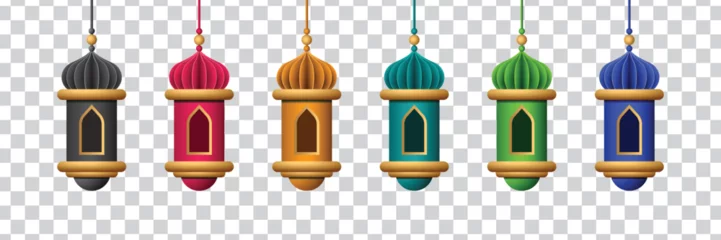Foto op Plexiglas 3d hanging lantern ornament collection colorful luxury arabic style vector design graphic © Nustian Degraf