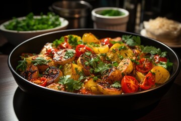 Upper view of close meal of cooked vegetables with sliced ??salad of pepper on the, generative IA