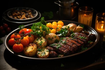 Upper view of a meal of cooked vegetables, including vegetables and meat inside a , generative IA