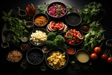 Obraz na płótnie Canvas Upper view of the arrangement of different delicious meals, generative IA