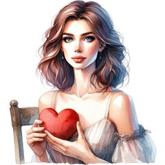 Watercolor painting of a woman with a red heart