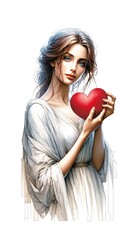 Watercolor painting of a woman with a red heart