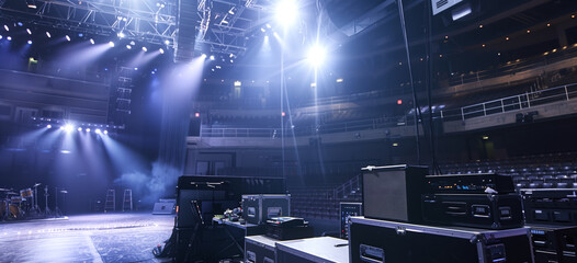 A Live stage production in a live venue. Stage rigging equipment, lighting, and PA systems. Generative AI.
