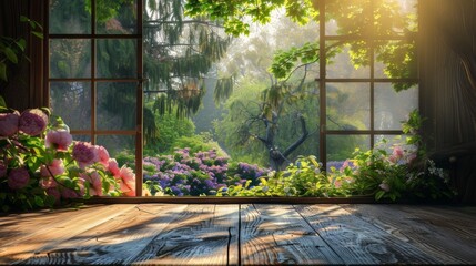 Empty wooden table with Spring garden view from open window, display template