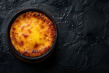 Crema Catalana on a black background top view Spanish Cuisine. Concept Food Photography, Spanish Desserts, Top View, Dark Background, Crema Catalana - obrazy, fototapety, plakaty