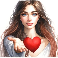 Watercolor painting of a woman with a red heart