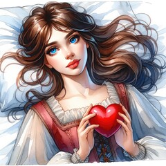 Watercolor painting of a woman with a red heart