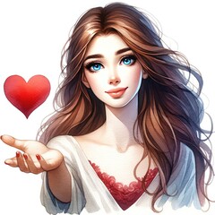 Watercolor painting of a woman with a red heart