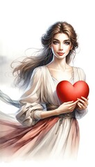 Watercolor painting of a woman with a red heart