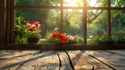Empty wooden table with Spring garden view from open window, display template