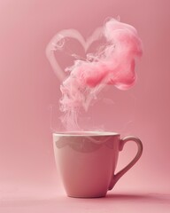 A steamy heart rises from a cup, casting a romantic vibe against a cohesive pink backdrop