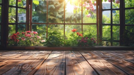 Empty wooden table with Spring garden view from open window, display template