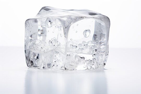 melting ice cube, with droplets of water forming on its surface, reflecting light and showcasing its transparent structure, freshness, coolness, isolated on a white background