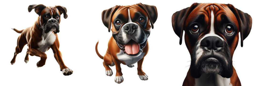 Cut-Out Set of Boxer Dog and Bulldog: Happy, Sad, Playing, Jumping, and Running on Transparent Background, Detailed PNG, High Quality, Ready for Your Project