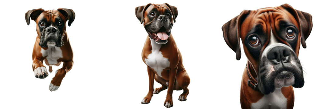 Cut-Out Set of Boxer Dog and Bulldog: Happy, Sad, Playing, Jumping, and Running on Transparent Background, Detailed PNG, High Quality, Ready for Your Project