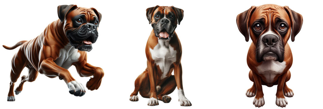 Cut-Out Set of Boxer Dog and Bulldog: Happy, Sad, Playing, Jumping, and Running on Transparent Background, Detailed PNG, High Quality, Ready for Your Project