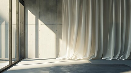 A contemporary light background with a touch of industrial aesthetic. The sunlight streams through minimalist curtains, casting geometric shadows on a concrete wall 