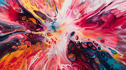 A mesmerizing explosion of vibrant hues dance across the canvas in this abstract painting, showcasing the limitless possibilities of modern art through the skillful use of acrylic paint 