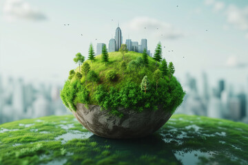 Conceptual artwork of a lush green floating island with a modern city skyline against a backdrop of a blurred urban landscape.