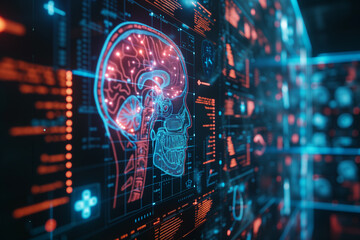 Obraz premium Futuristic brain imaging display highlighting neurological structures for advanced neuroscience research and analysis.