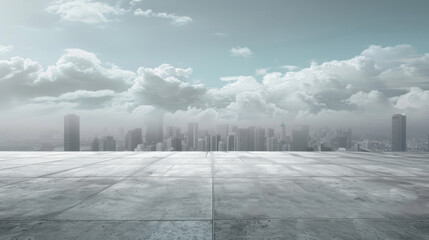 Concrete floor with city skyline and cloud above.