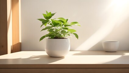 Green Plant on a Wooden Table with Natural Light