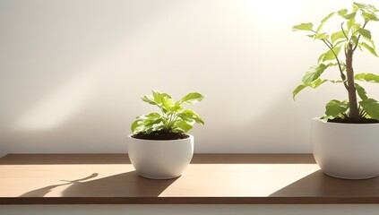 Nature-Inspired Interior. Empty Wooden Table with Soft Sunlight and Leaf Shadow on White Wall.