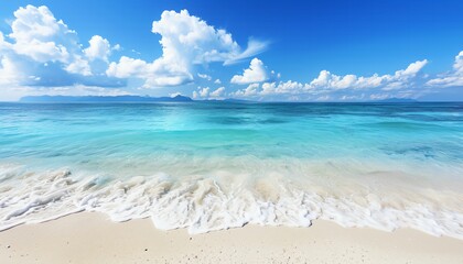 Fototapeta na wymiar Tropical paradise beach photo, white sand, turquoise water. Summer vacation paradise background, travel destination.
