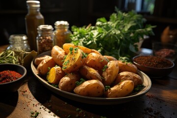 Potatoes with spices on a wooden table with chips, generative IA