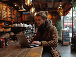 man sitting in bar with laptop