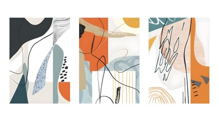 A set of three abstract minimalist backgrounds. Hand drawn illustrations with geometric art patterns for wall decoration, postcards or brochures, cover design, printing, hanging pictures, social media
