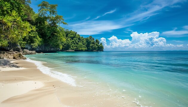 Tropical paradise beach photo, white sand, turquoise water. Summer vacation paradise background, travel destination.