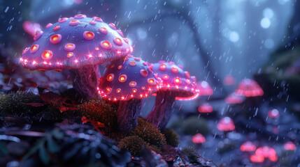 Fototapeta premium Illuminated Fantasy Mushrooms in Rainy Ambience