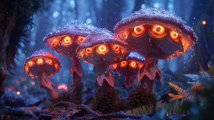 Cluster of colorful, vivid glowing mushrooms in forest
