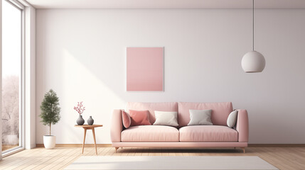 Scandinavian Home Interior with Blush Pink Sofa and Modern Minimalist Decor