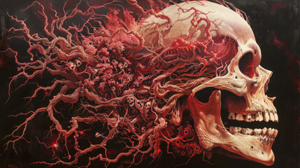 Scary psychedelic skull resembling Gorgona Medusa - obrazy, fototapety, plakaty