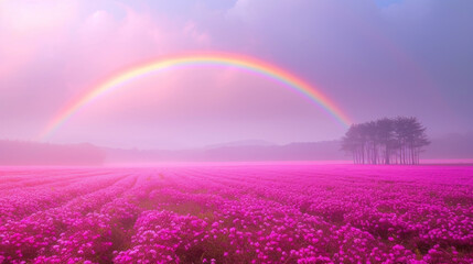Rainbow Over Vibrant Pink Flower Field