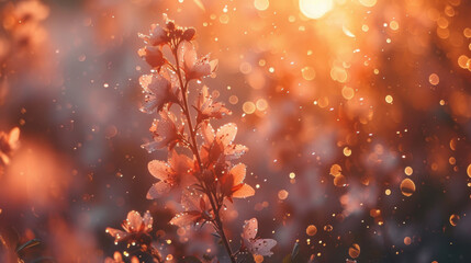 Field of wild flowers, mystical foggy morning