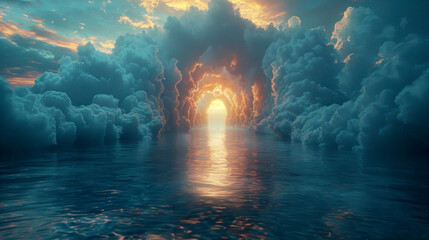 Mysterious arch of clouds over water, portal to heaven or afterlife - obrazy, fototapety, plakaty