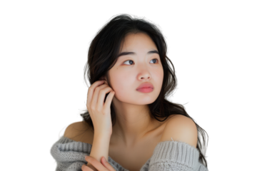 Reflective Young Asian Woman in Grey Knit Sweater Transparent PNG