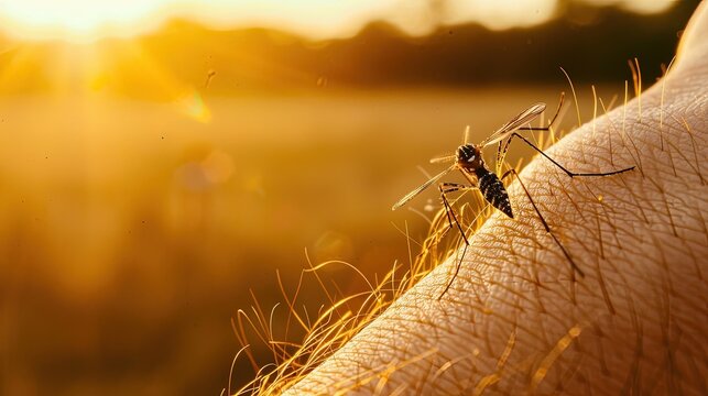 Close-up photo of a mosquito on a human skin. A mosquito, the bane of summer nights, perched on a human arm.