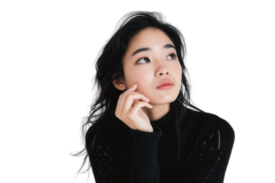 Thoughtful Young Asian Woman in Black Turtleneck Transparent PNG