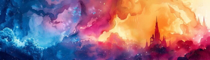Watercolor treasure hunt in a nebula themed world featuring phoenix and salamander creatures in a contemporary castle