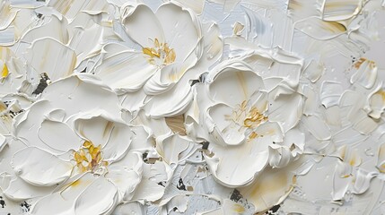 Blooming white flowers painted in thick impasto style layers of paint with visible palette knife marks and broad brush strokes, minimalist abstract spring splendor