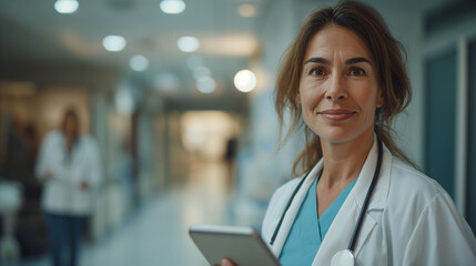 Confident female doctor with tablet in hospital corridor.