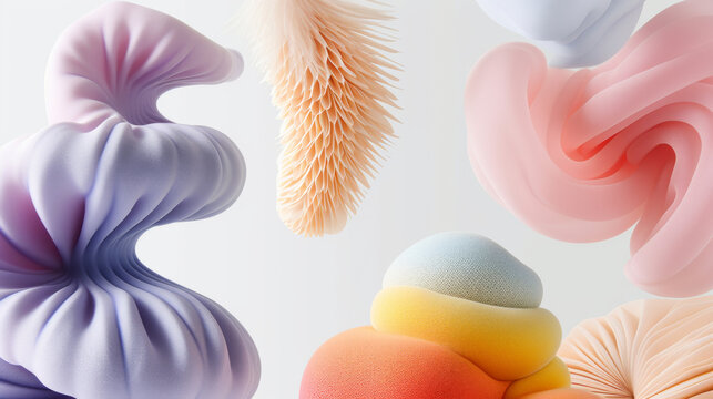 Colorful abstract shapes created through digital design showcasing various textures and forms against a simple background