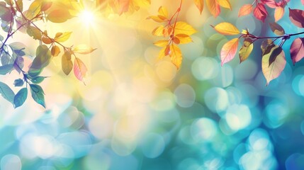 Obraz premium Vibrant autumn leaves backlit by sunlight creating a bokeh effect, symbolizing the change of seasons.