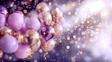 Luxurious purple and gold balloons surrounded by golden confetti sparkles for festive celebrations.