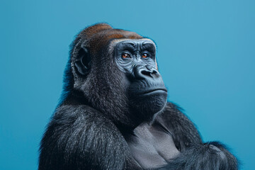 Gorilla with contemplative expression against blue backdrop
